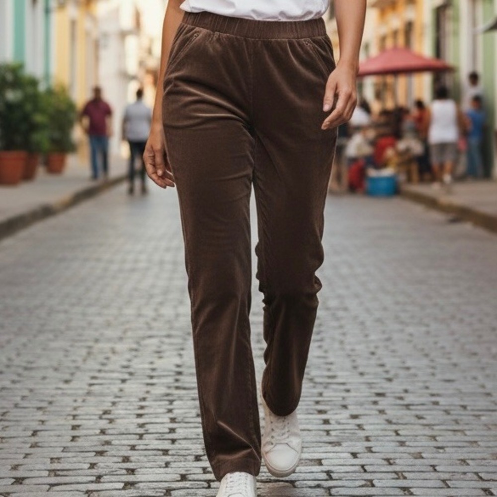 Garnet Hill Brown‎ Velvet Pull On Pants Straight Leg Women's Size 10 Fall Winter